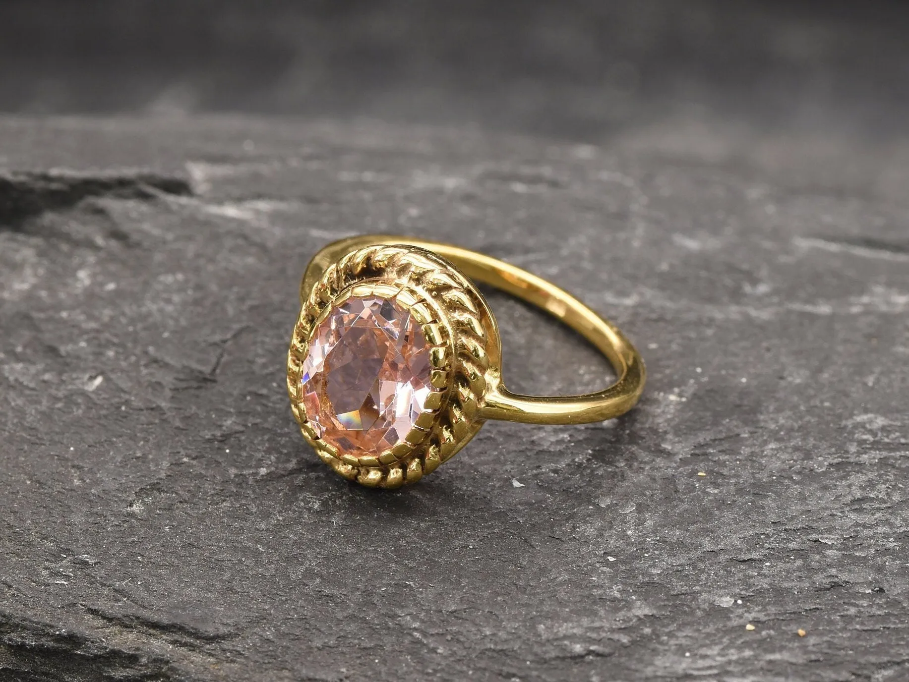Morganite Gold Ring - Vintage Ring, Pink Gemstone Ring, Pink Statement Ring