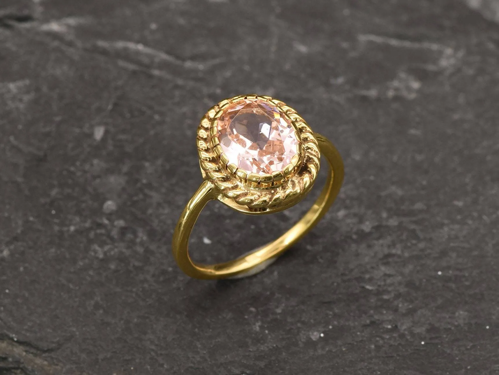 Morganite Gold Ring - Vintage Ring, Pink Gemstone Ring, Pink Statement Ring