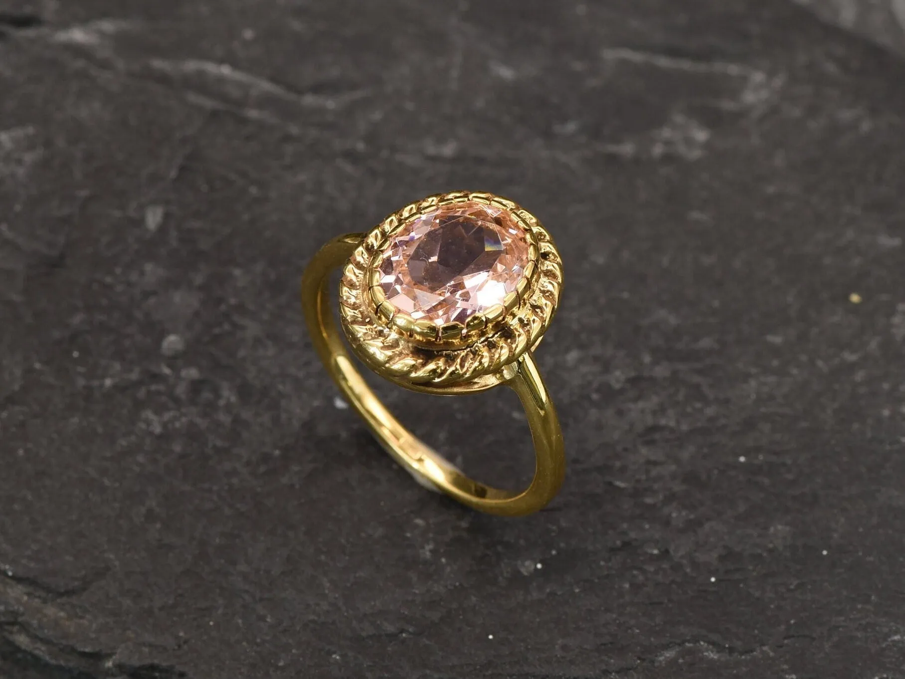 Morganite Gold Ring - Vintage Ring, Pink Gemstone Ring, Pink Statement Ring