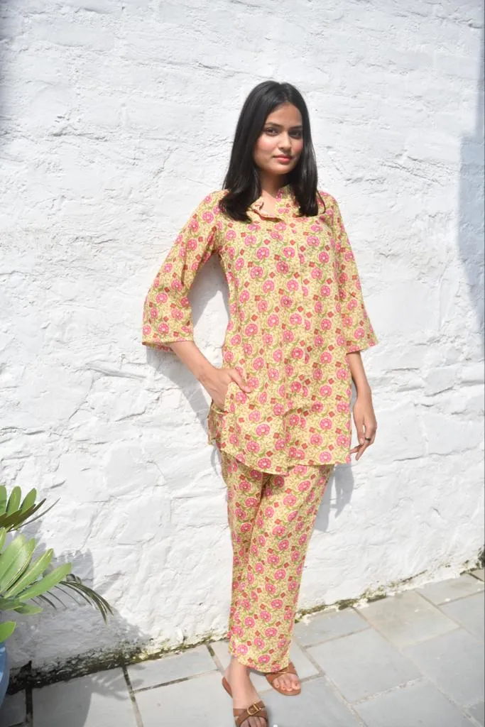 Mustard Green Co-Ord Set, Handcrafted Floral Print, Soft Cotton Blend