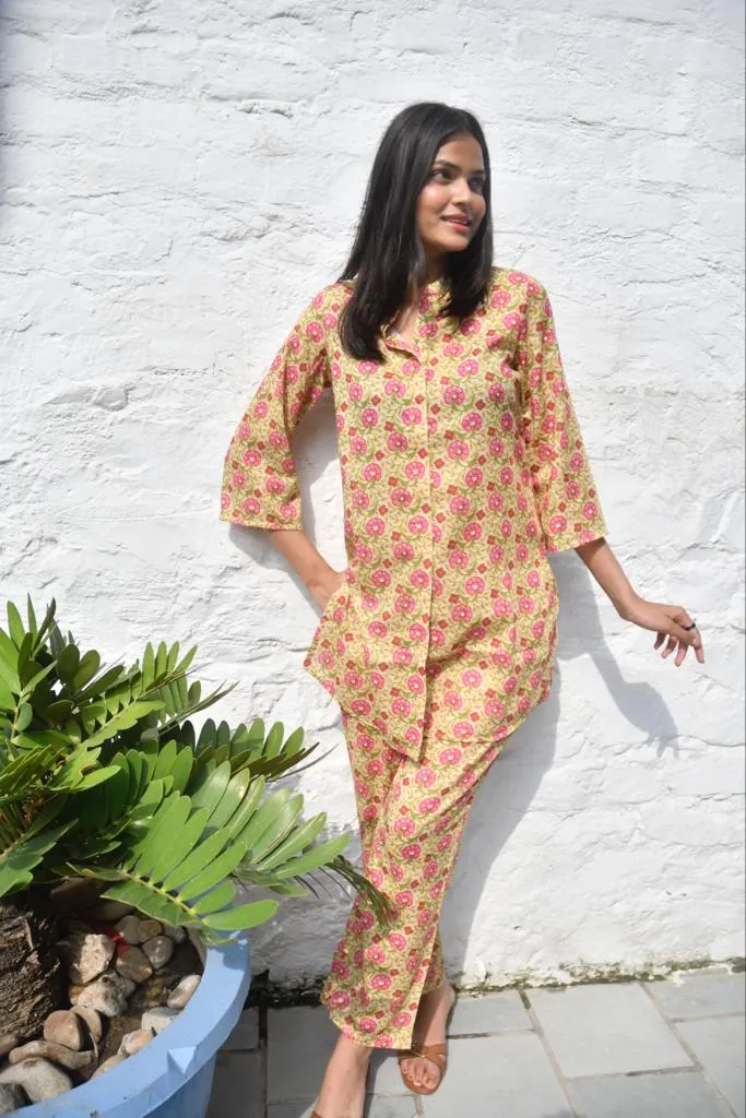 Mustard Green Co-Ord Set, Handcrafted Floral Print, Soft Cotton Blend