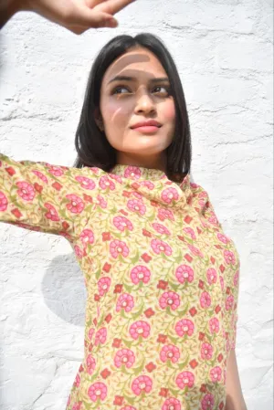 Mustard Green Co-Ord Set, Handcrafted Floral Print, Soft Cotton Blend
