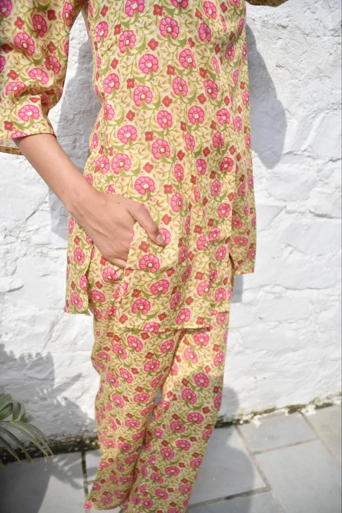 Mustard Green Co-Ord Set, Handcrafted Floral Print, Soft Cotton Blend