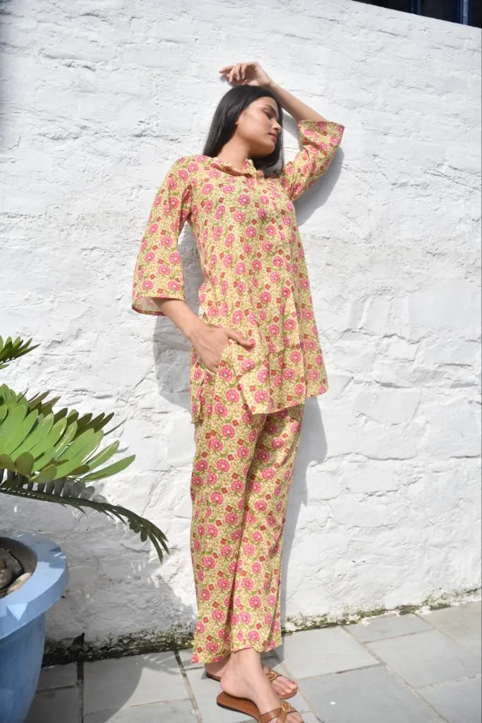 Mustard Green Co-Ord Set, Handcrafted Floral Print, Soft Cotton Blend