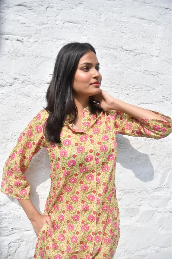 Mustard Green Co-Ord Set, Handcrafted Floral Print, Soft Cotton Blend