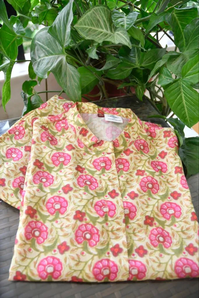 Mustard Green Co-Ord Set, Handcrafted Floral Print, Soft Cotton Blend