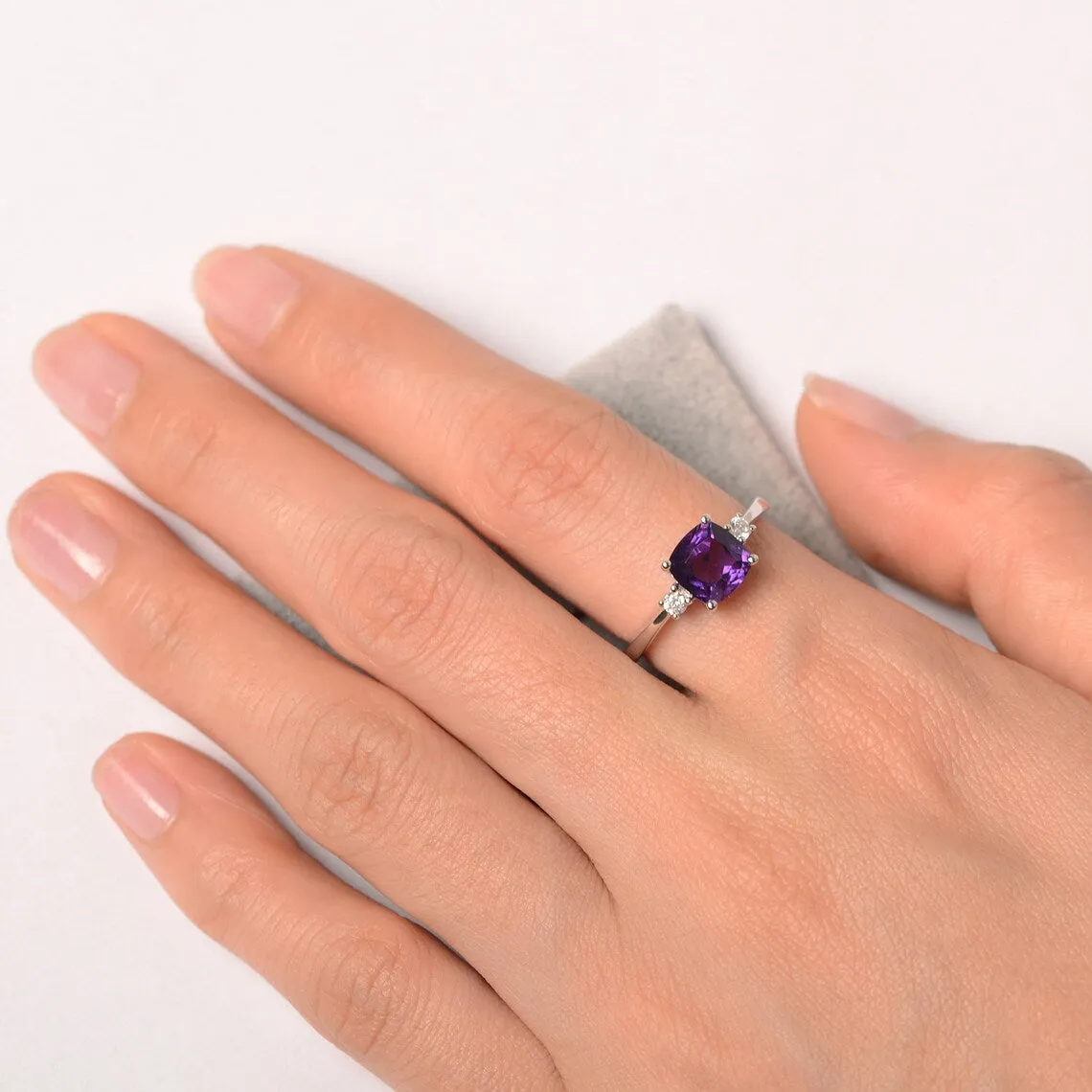 Natural Cushion Cut Amethyst  Solitaire Ring - 925 Sterling Silver Ring