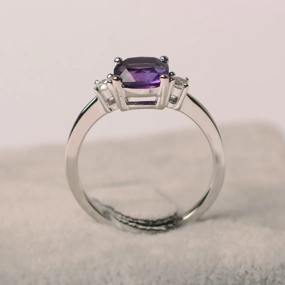 Natural Cushion Cut Amethyst  Solitaire Ring - 925 Sterling Silver Ring