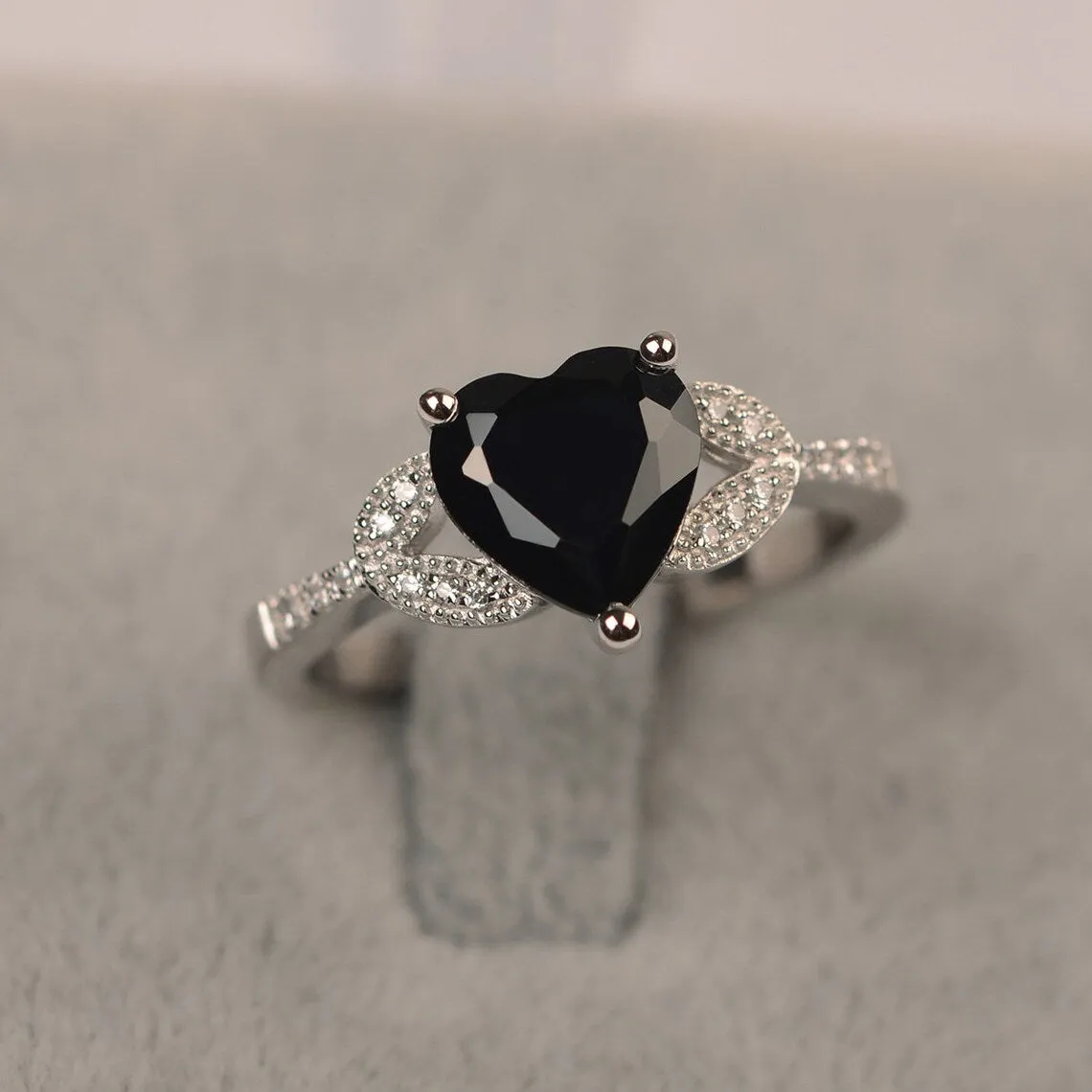 Natural Heart Cut Black Onyx Wedding Ring - 925 Sterling Silver Ring