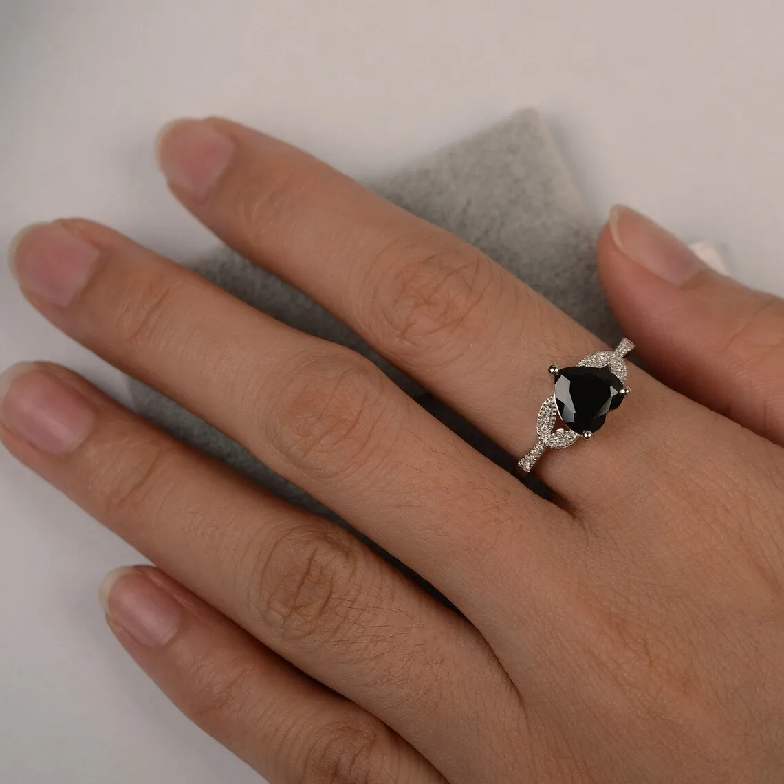 Natural Heart Cut Black Onyx Wedding Ring - 925 Sterling Silver Ring