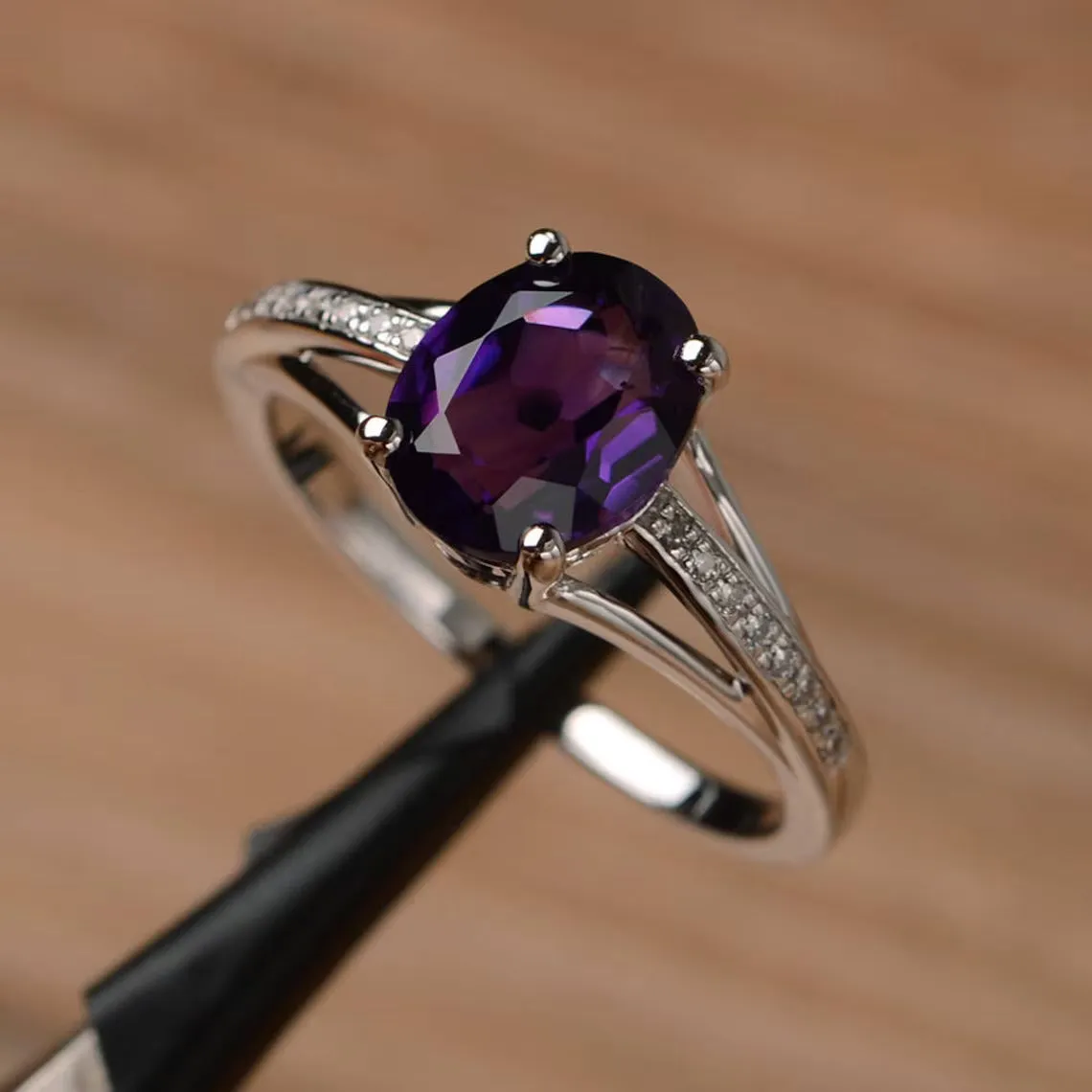 Natural Oval Cut Amethyst Promise Ring - 925 Sterling Silver Ring