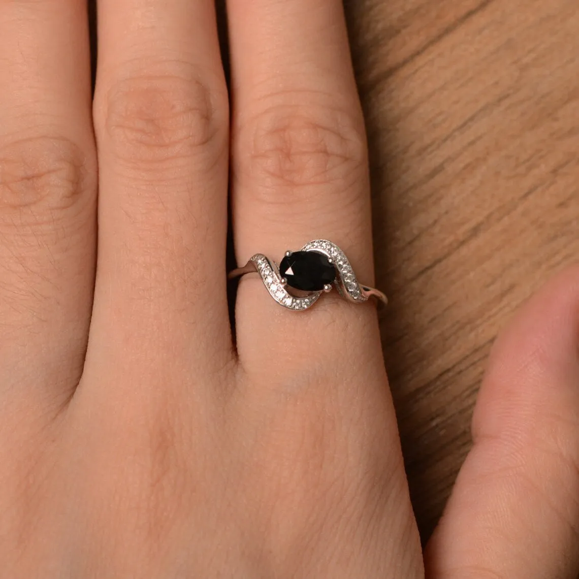Natural Oval Cut Black Onyx Promise Ring - 925 Sterling Silver Ring