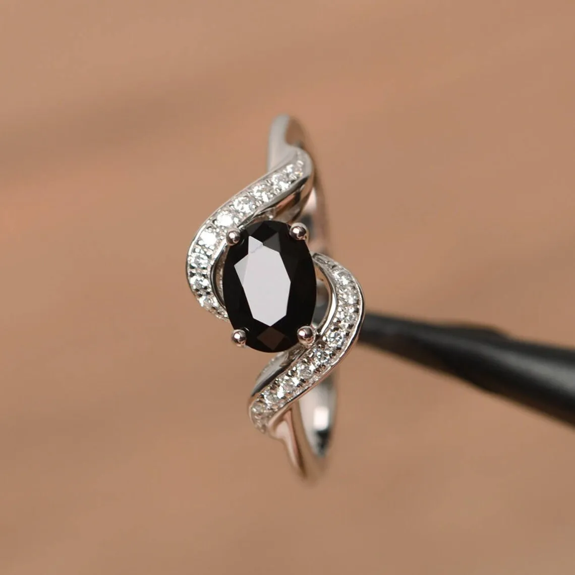 Natural Oval Cut Black Onyx Promise Ring - 925 Sterling Silver Ring