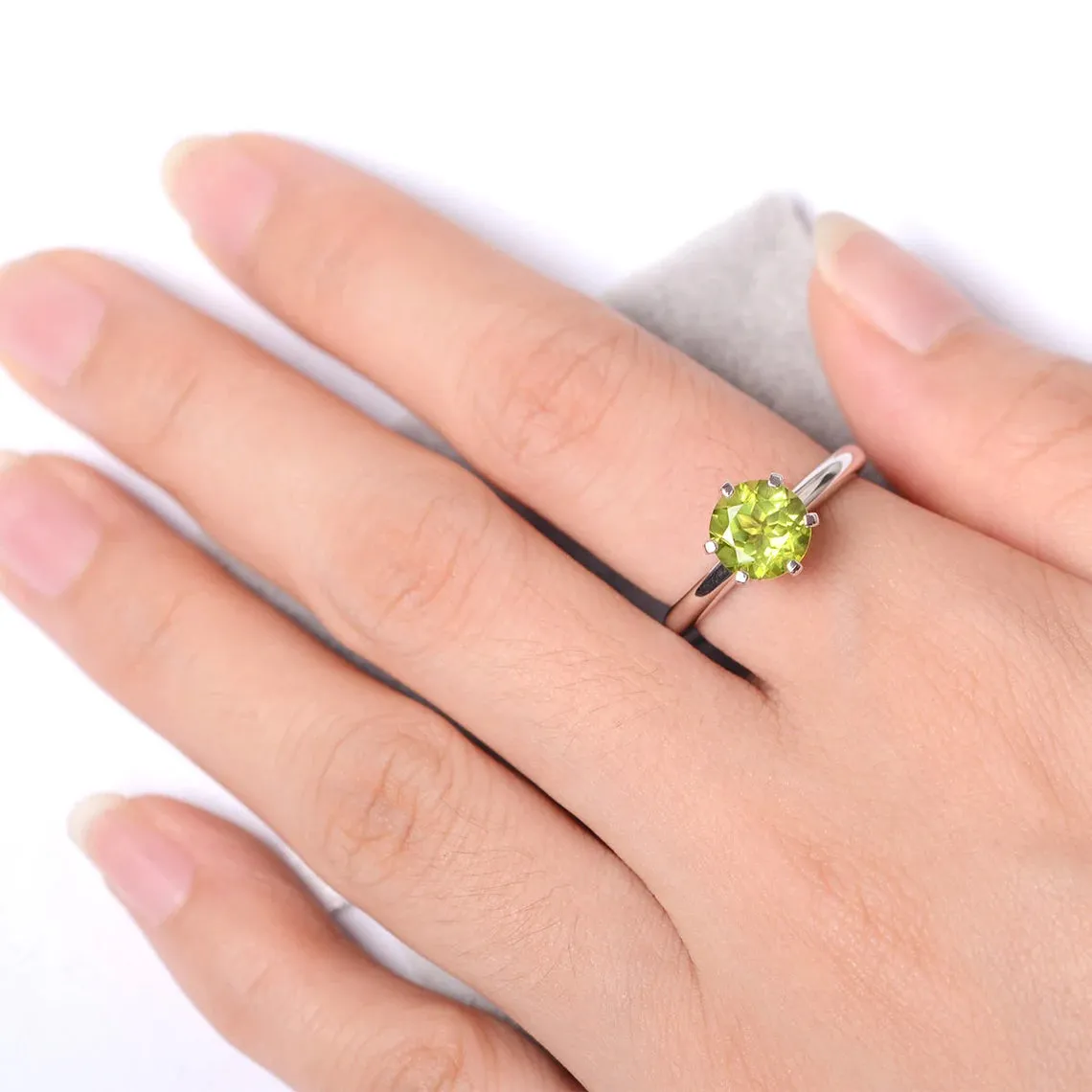 Natural Round Cut Peridot Solitaire Ring - 925 Sterling Silver Ring