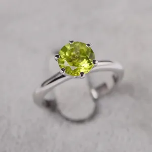 Natural Round Cut Peridot Solitaire Ring - 925 Sterling Silver Ring