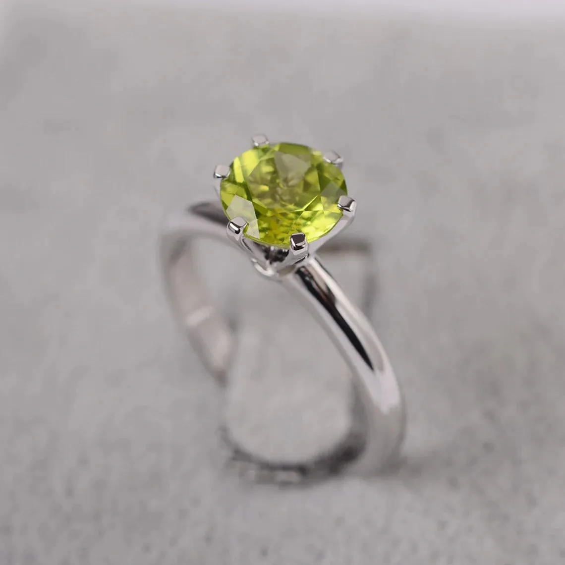 Natural Round Cut Peridot Solitaire Ring - 925 Sterling Silver Ring