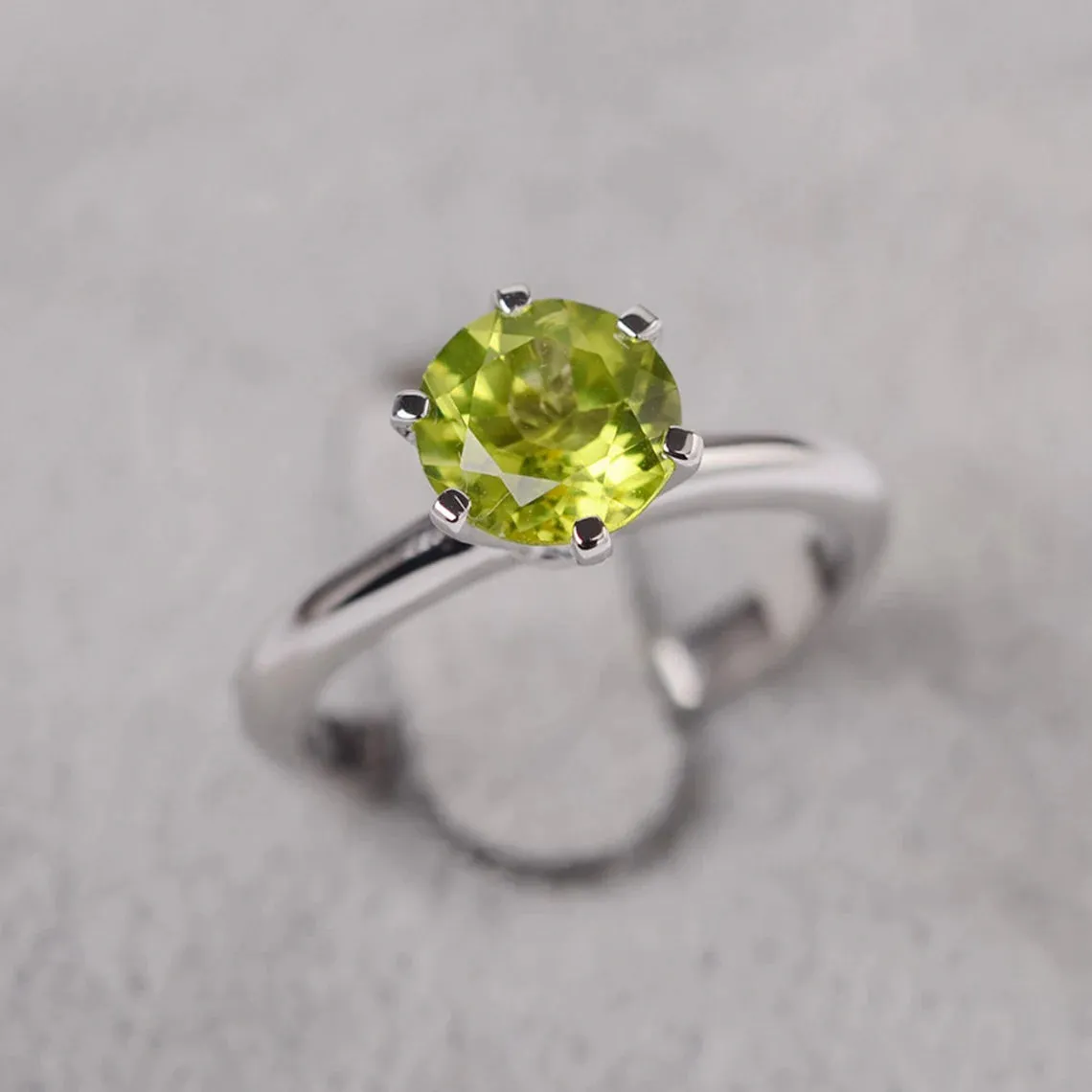 Natural Round Cut Peridot Solitaire Ring - 925 Sterling Silver Ring