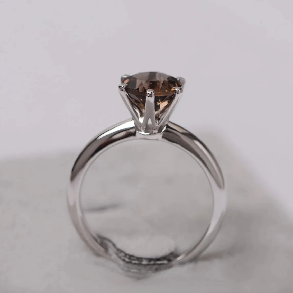 Natural Round Cut Smoky Quartz Solitaire  Rings - 925 Sterling Silver Ring - Six Prong Rings