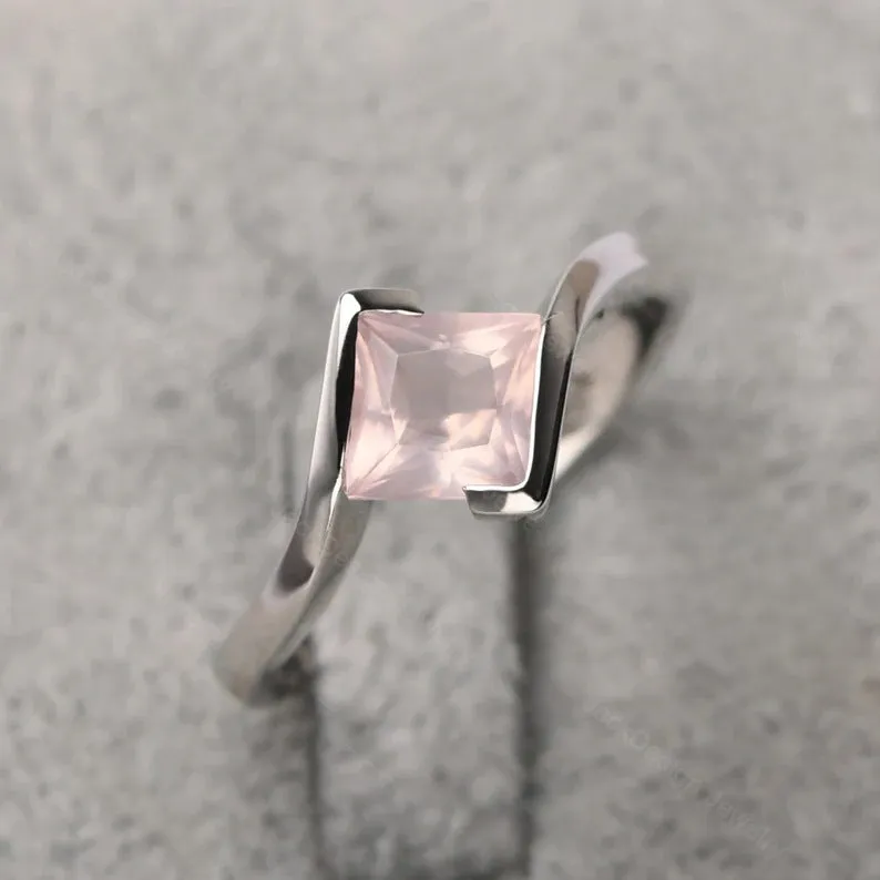 Natural Square Cut Rose Quartz Ring - 925 Sterling Silver Ring