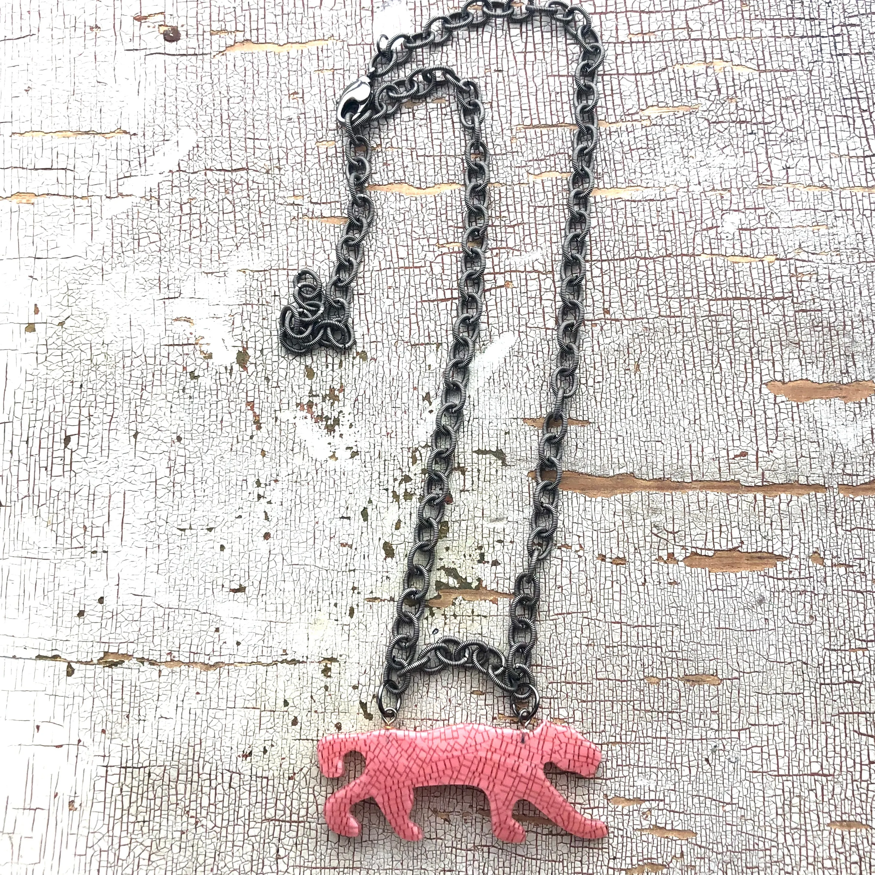 Pink Speckled Puma Big Cat Necklace