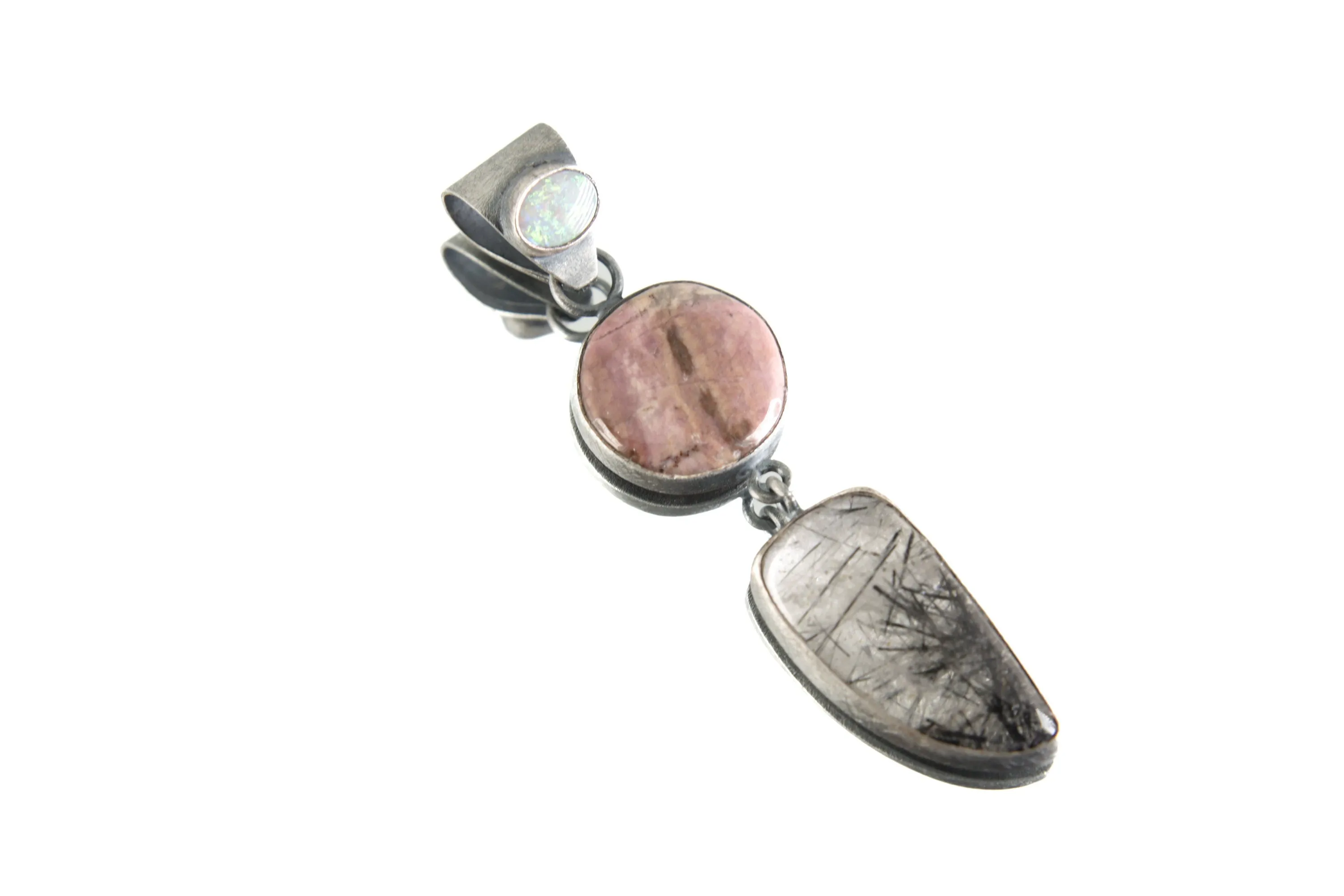 Rhodochrosite & Tooth-Shaped Rutile Quartz Pendant with Moonstone Bail Sterling Silver, Oxidized Brush Texture Dangling Charm Heart Chakra