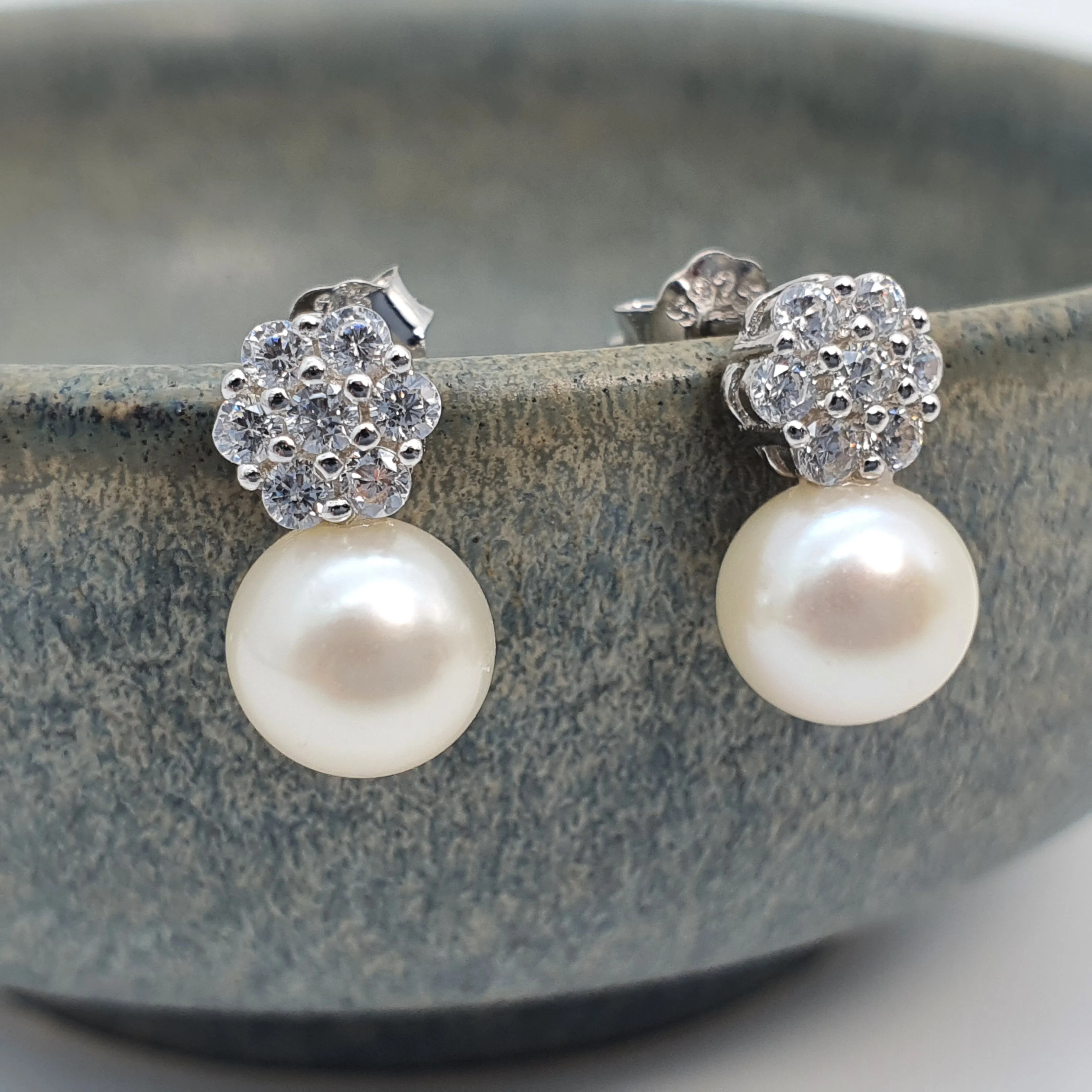 Round Freshwater Pearl Floral Earring, Sterling Silver