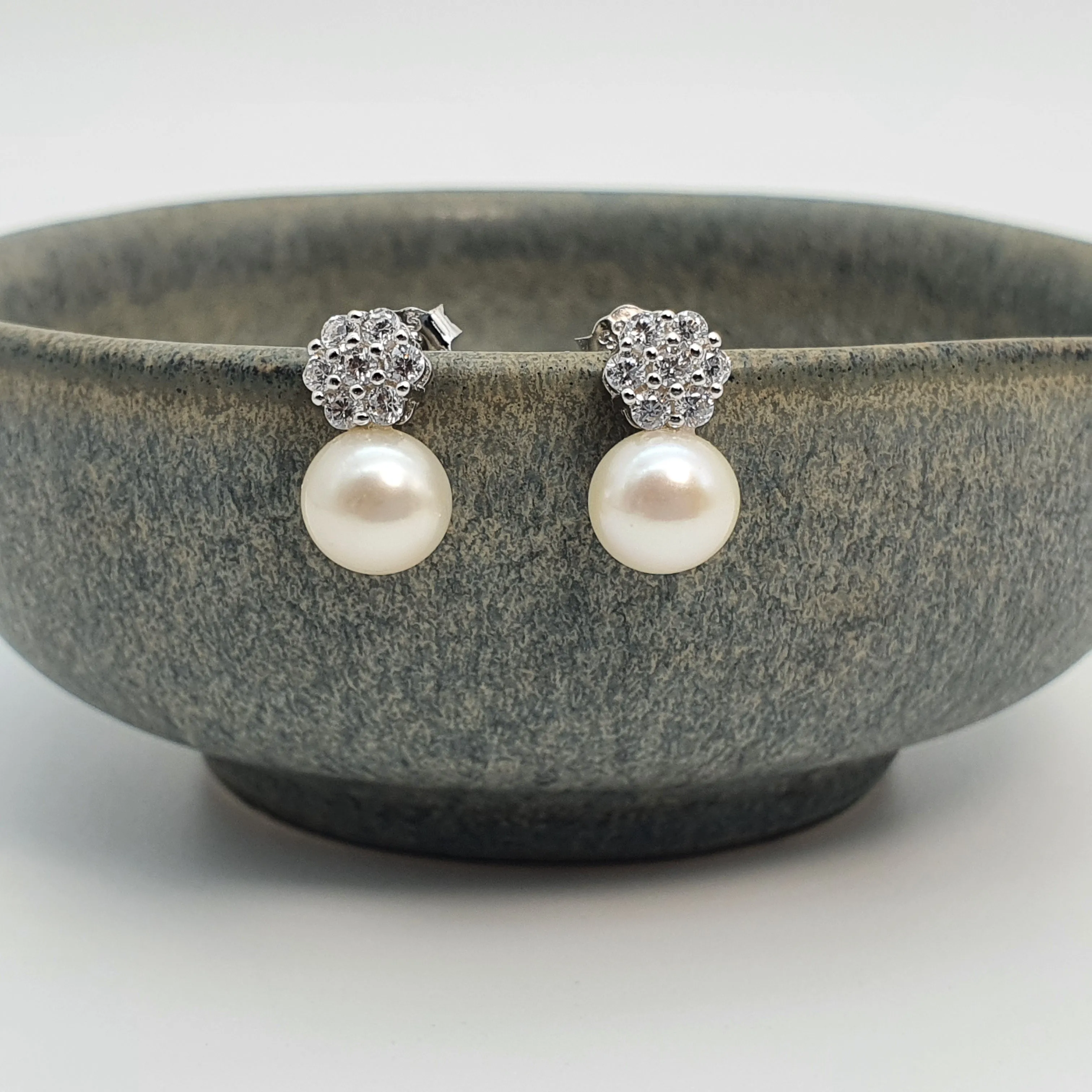 Round Freshwater Pearl Floral Earring, Sterling Silver