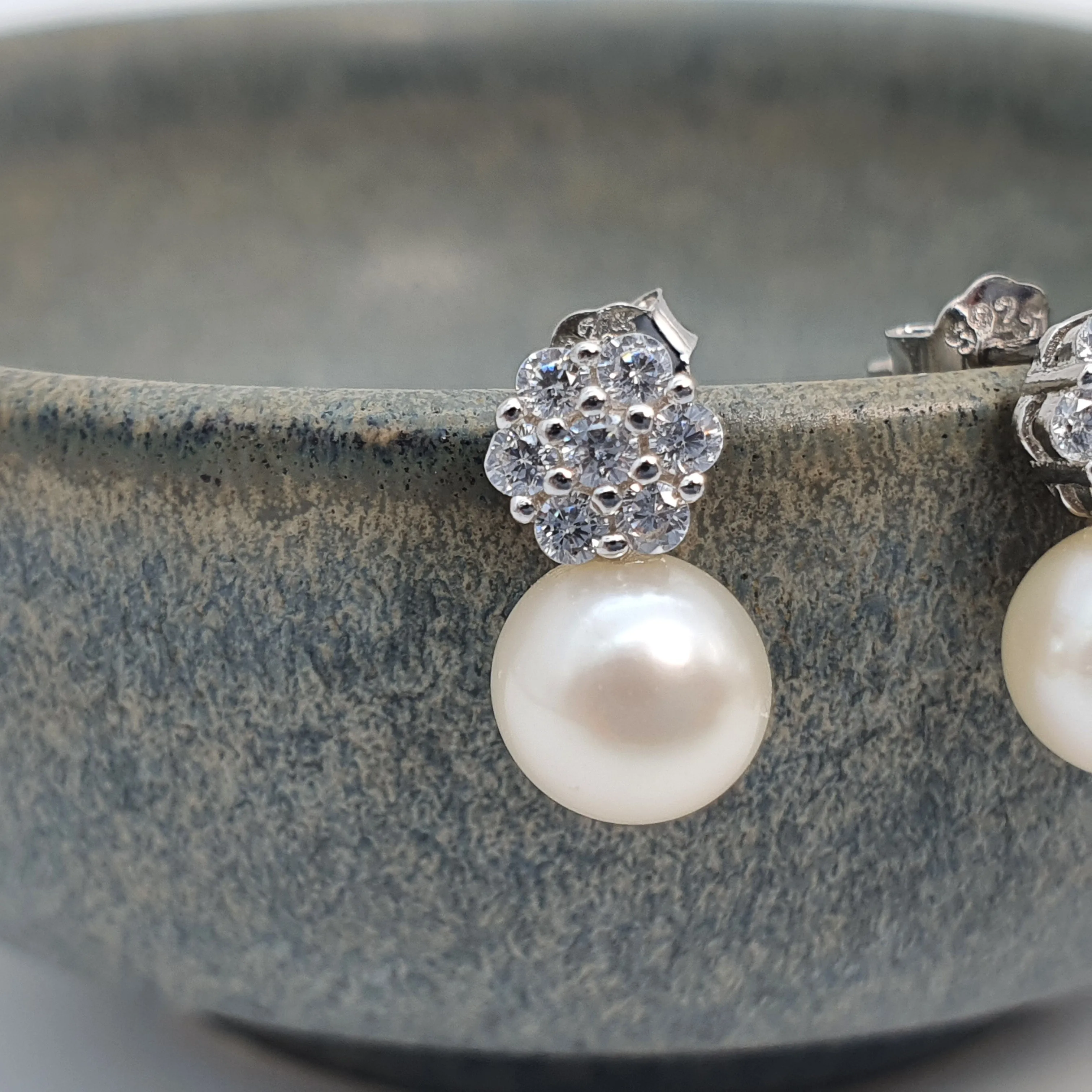 Round Freshwater Pearl Floral Earring, Sterling Silver