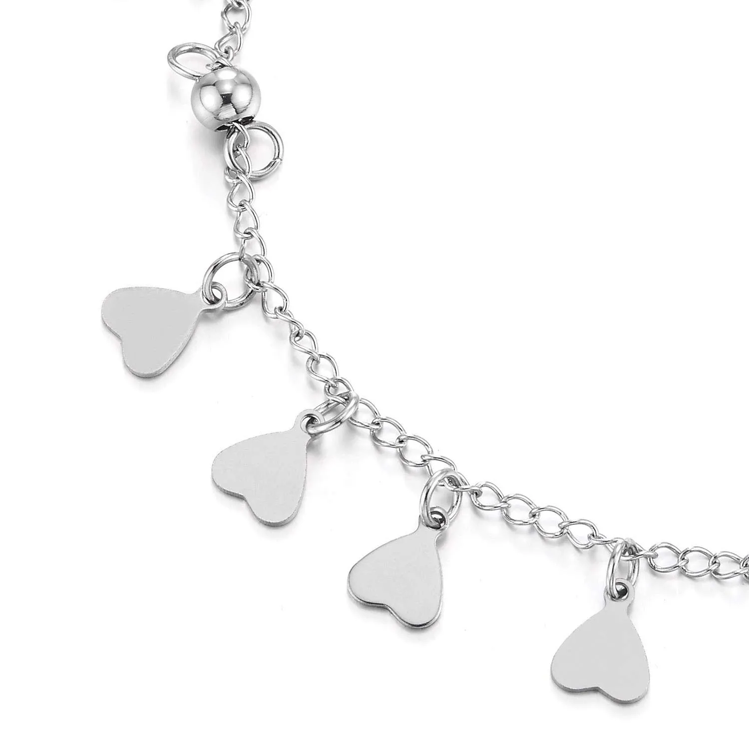 Stainless Steel Anklet Bracelet with Dangling Charms of Hearts