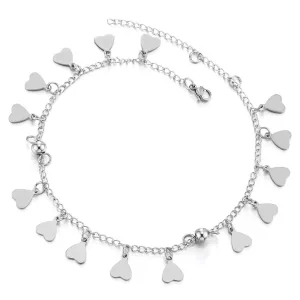 Stainless Steel Anklet Bracelet with Dangling Charms of Hearts