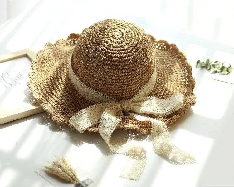 Straw Hat with Bow Tie for Women Girl