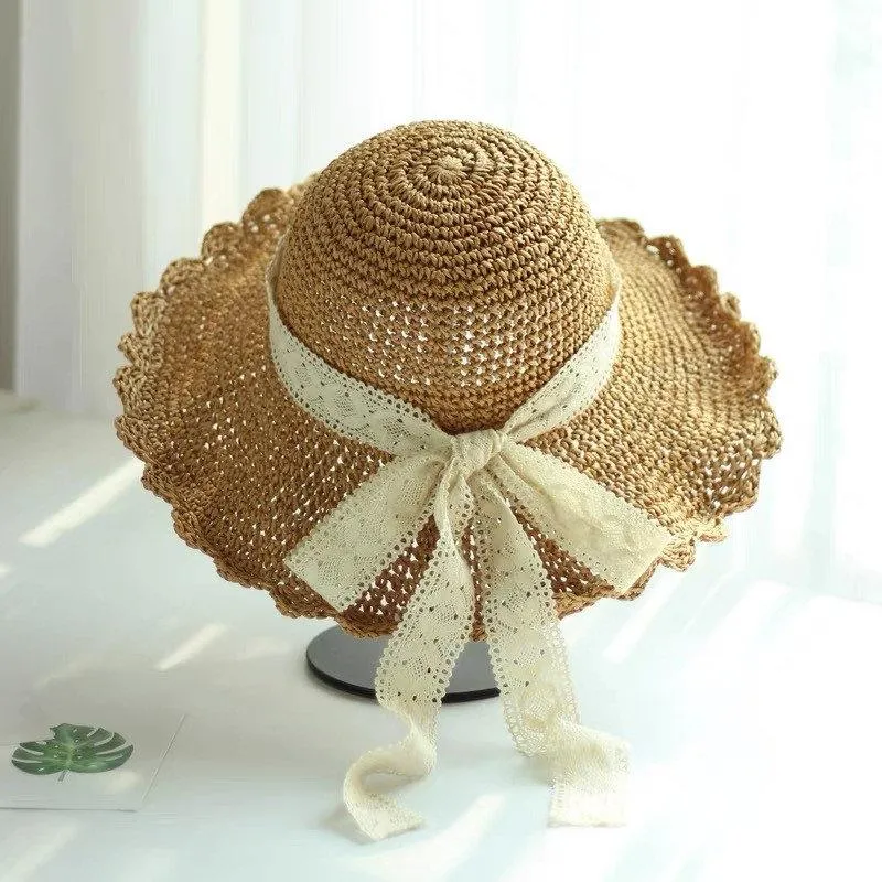 Straw Hat with Bow Tie for Women Girl