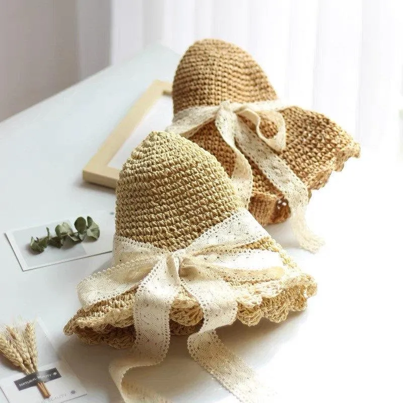 Straw Hat with Bow Tie for Women Girl