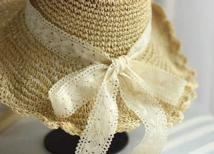 Straw Hat with Bow Tie for Women Girl