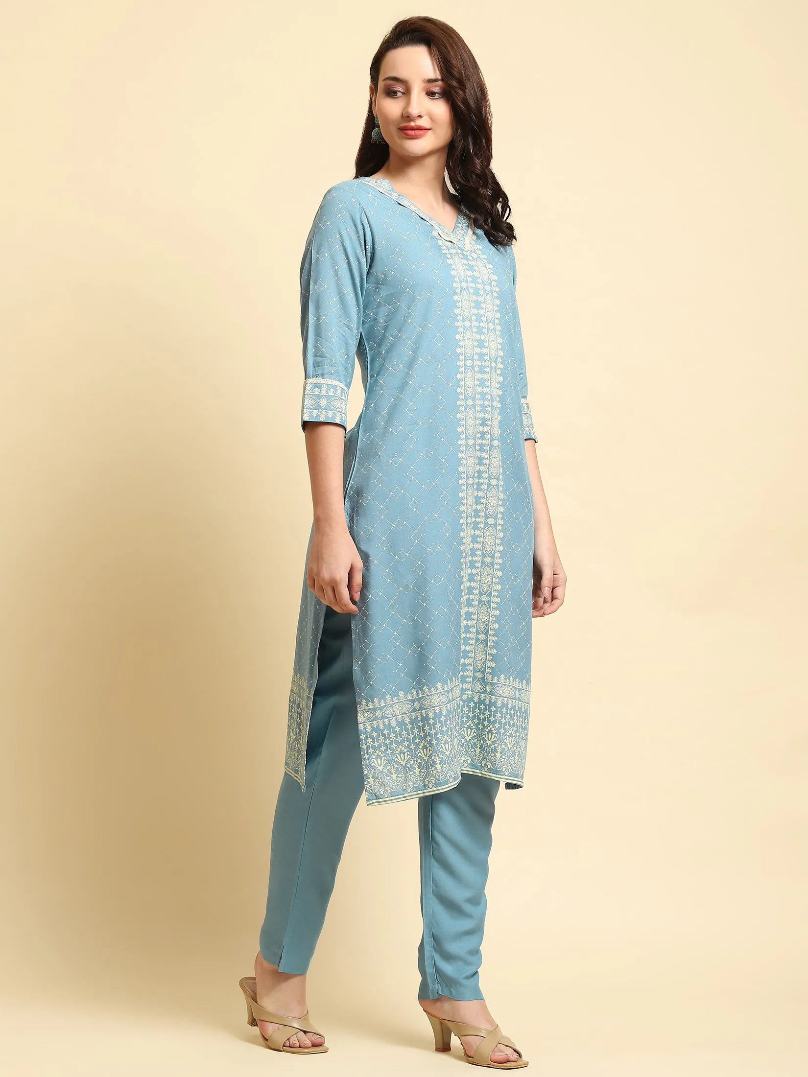 Women Blue Geometric Printed Kurta Trouser Dupatta