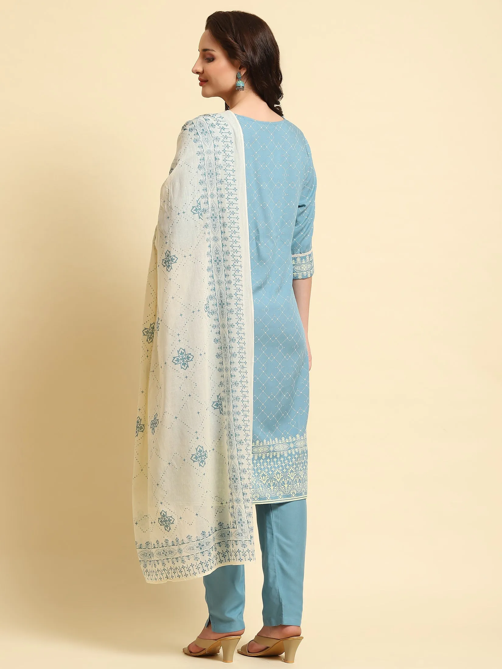 Women Blue Geometric Printed Kurta Trouser Dupatta