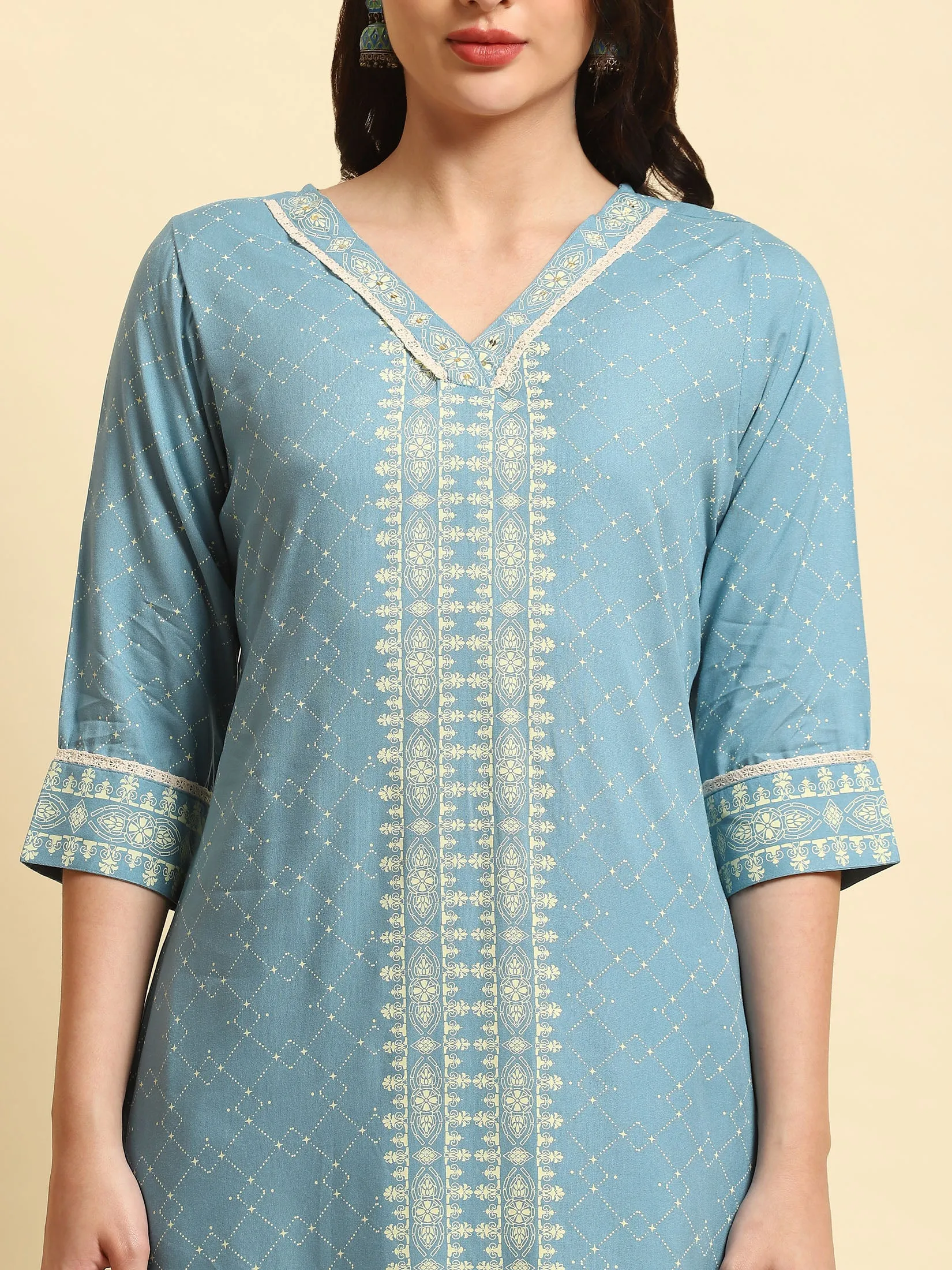Women Blue Geometric Printed Kurta Trouser Dupatta