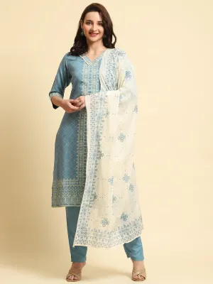 Women Blue Geometric Printed Kurta Trouser Dupatta