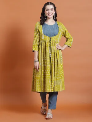 Women Green Geometric Print Kurta Jacket Trouser