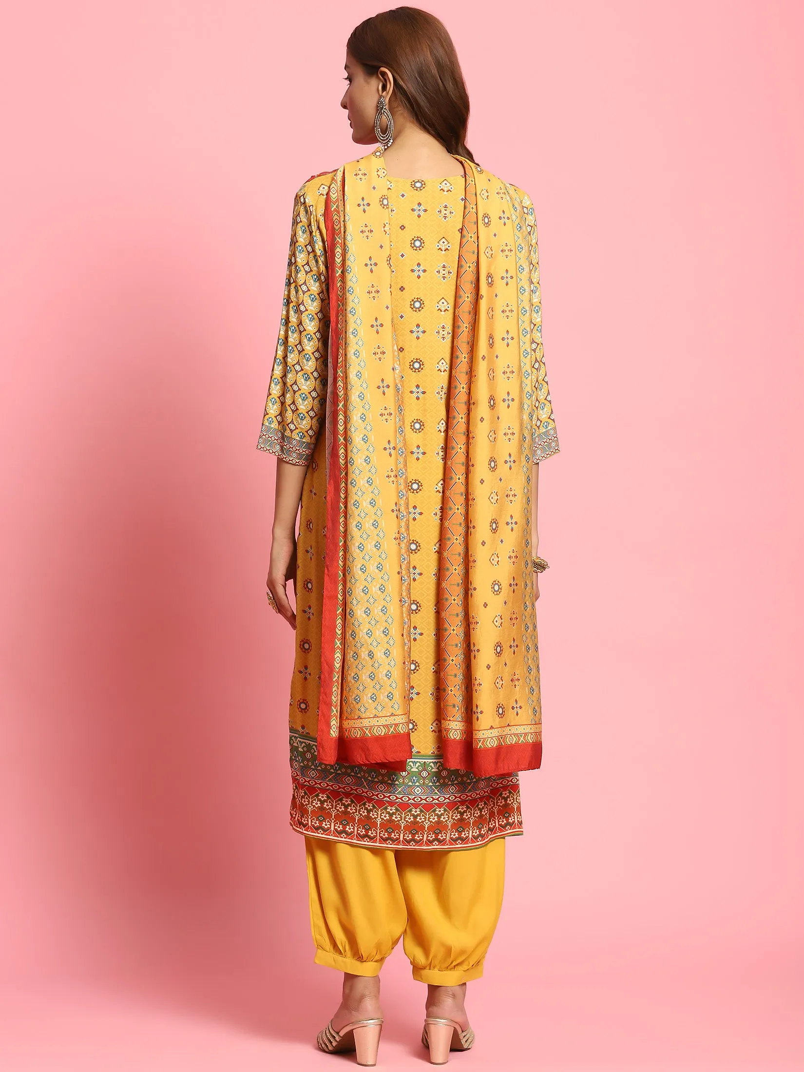 Women Mustard Geometric Printed Kurta Harem Pant Dupatta