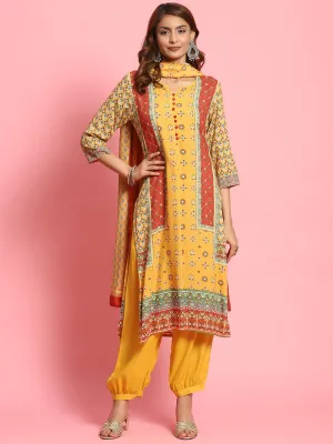 Women Mustard Geometric Printed Kurta Harem Pant Dupatta