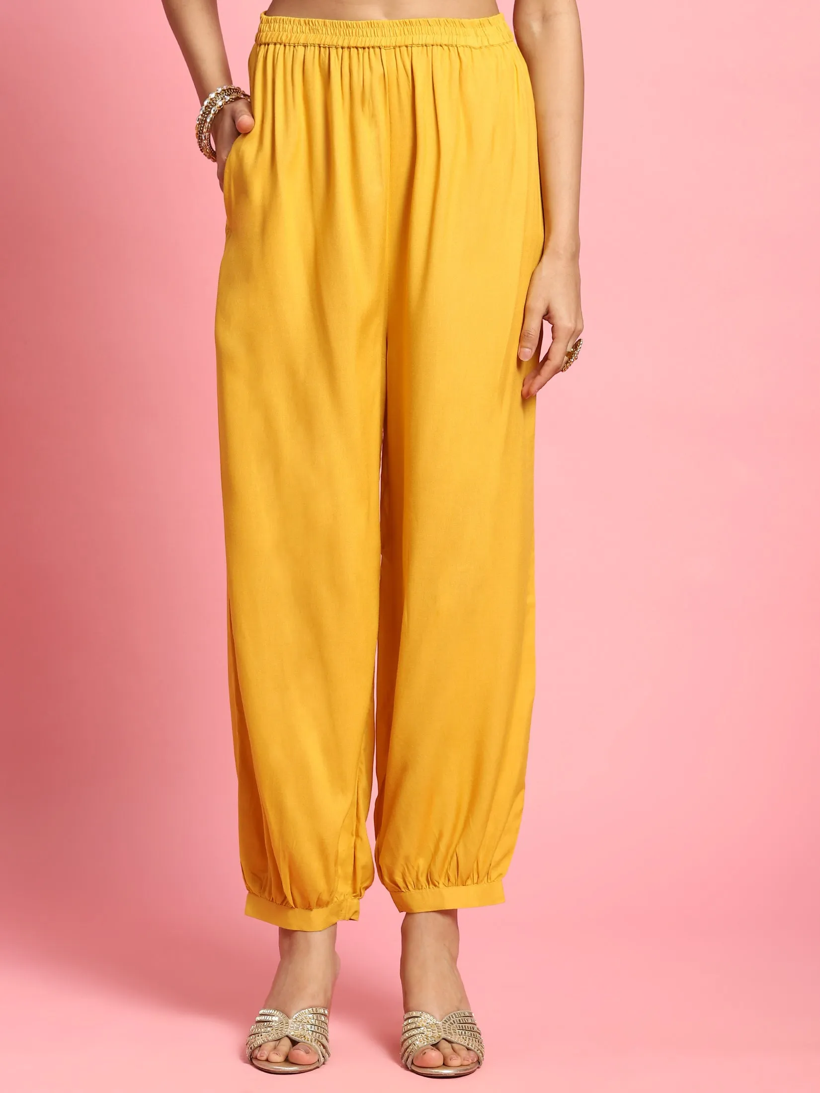 Women Mustard Geometric Printed Kurta Harem Pant Dupatta