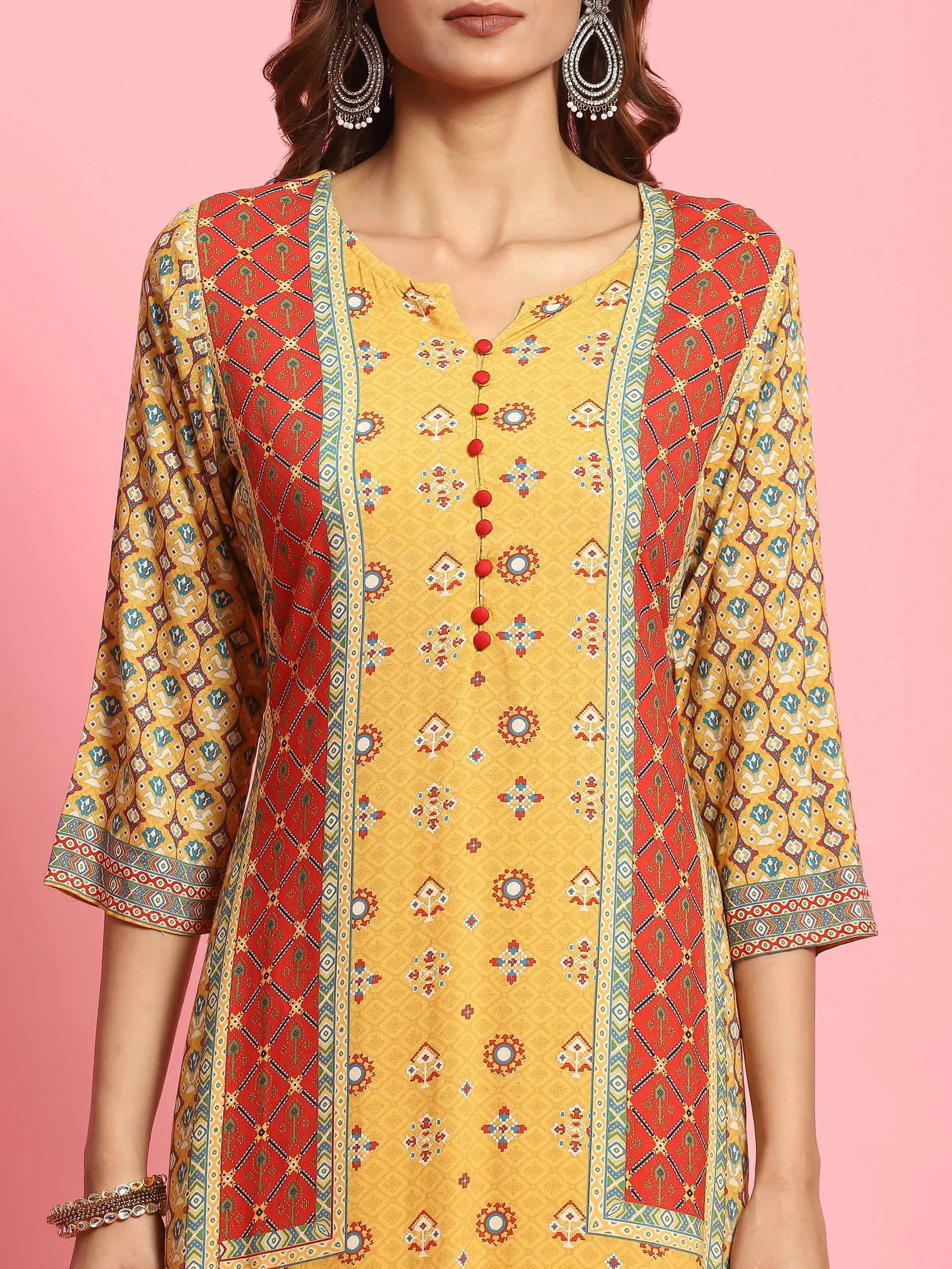 Women Mustard Geometric Printed Kurta Harem Pant Dupatta