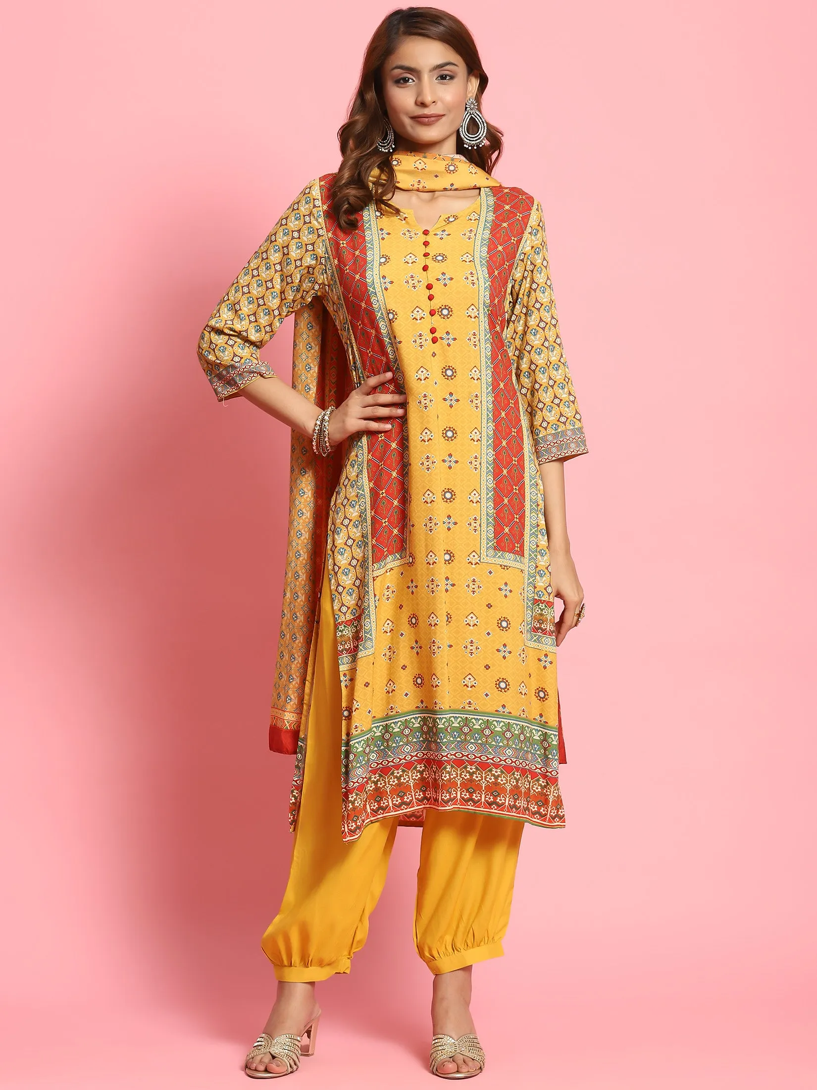 Women Mustard Geometric Printed Kurta Harem Pant Dupatta