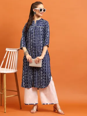 Women Navy Blue Geometric Printed Kurta