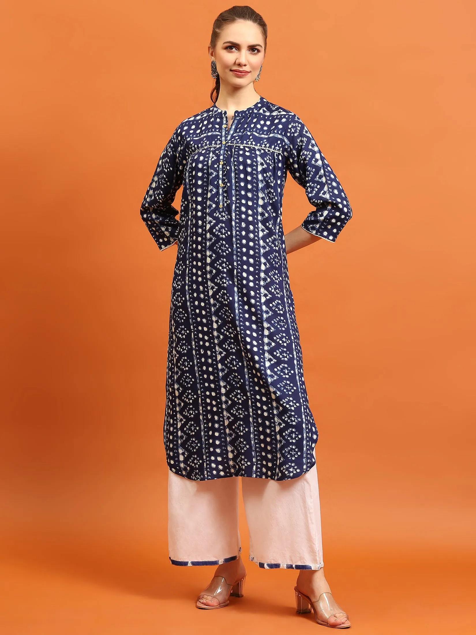 Women Navy Blue Geometric Printed Kurta