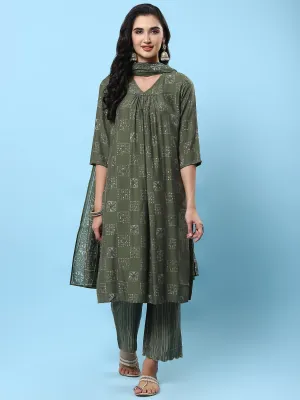 Women Olive Geometric Printed Kurta Comfort Pant Dupatta