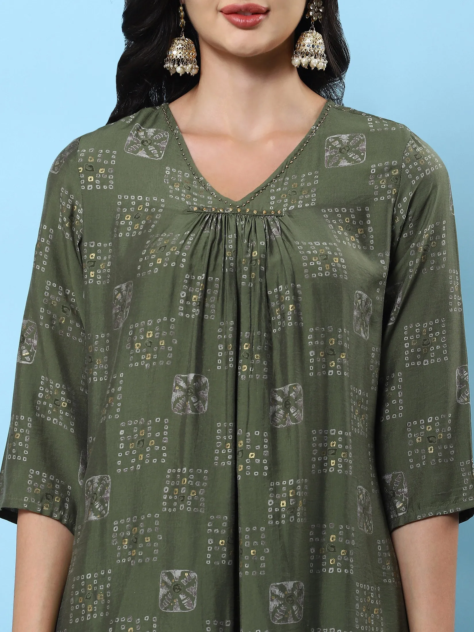 Women Olive Geometric Printed Kurta Comfort Pant Dupatta