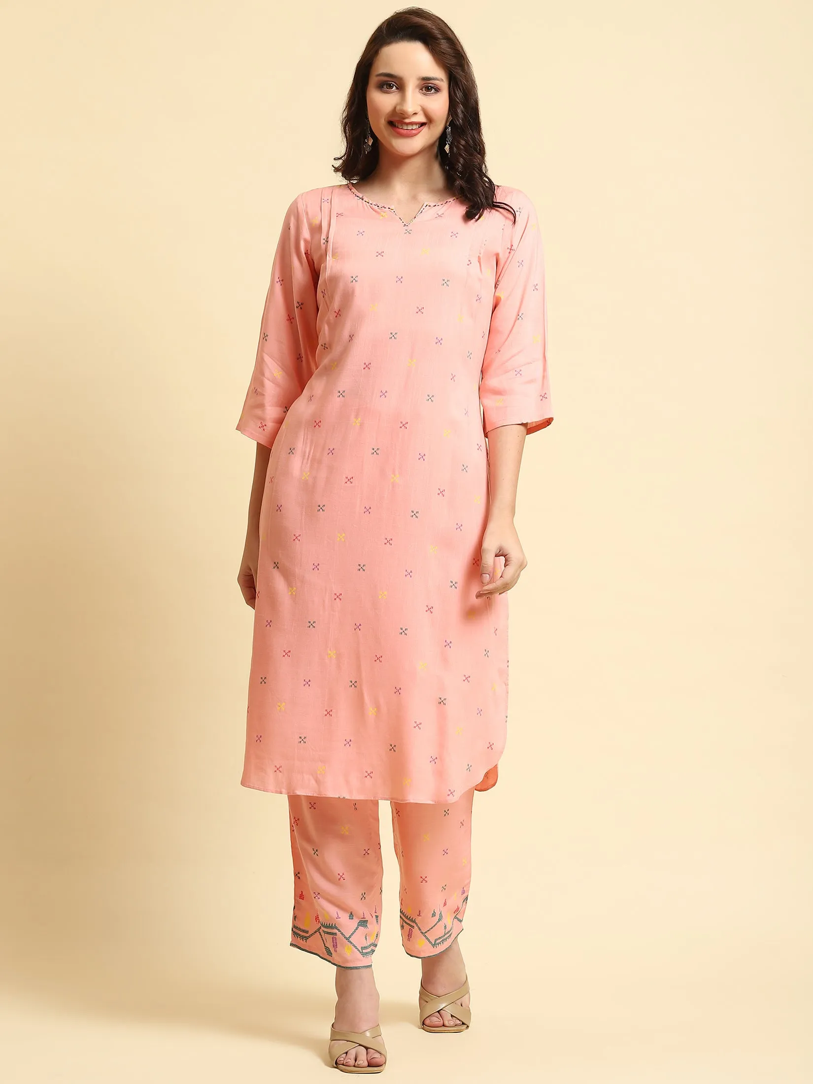 Women Pink Geometric Printed Kurta With Comfort Pant