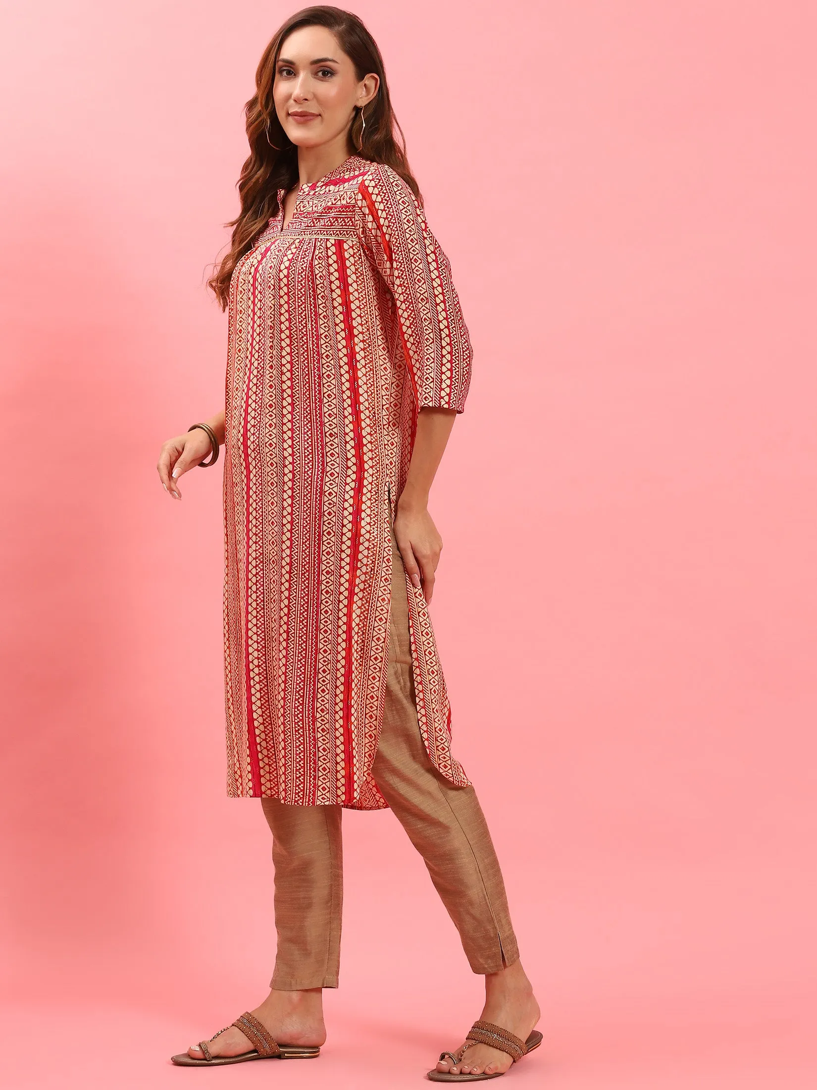 Women Pink Geometric Printed Kurta